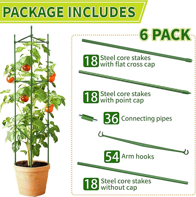 6 Pack 48 Inch Tomato Cages for Garden, Triangle Metal Plant Support with Rust-Resistant Coating, Heavy Duty Tomato Trellis for Raised Bed, Pots, Cucumbers, Peppers & Climbing Plants