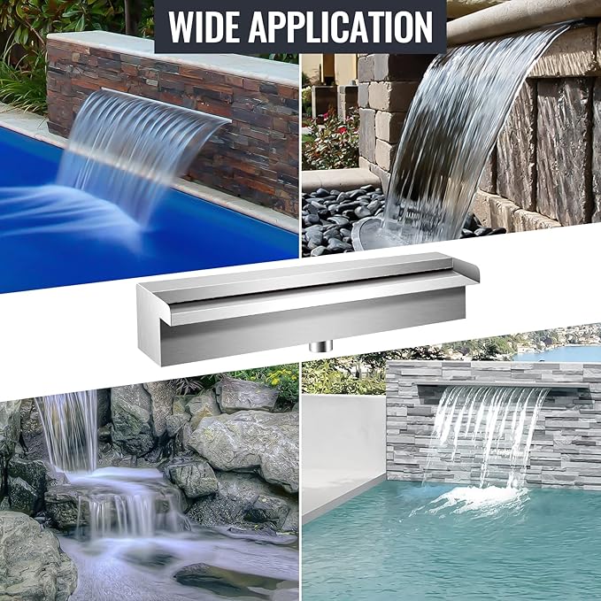 Pool Waterfall Fountains, Stainless Steel Rectangular Pool Waterfall Spillway with Pipe Connector for Indoor/Outdoor Decorative (11.8 Inch)