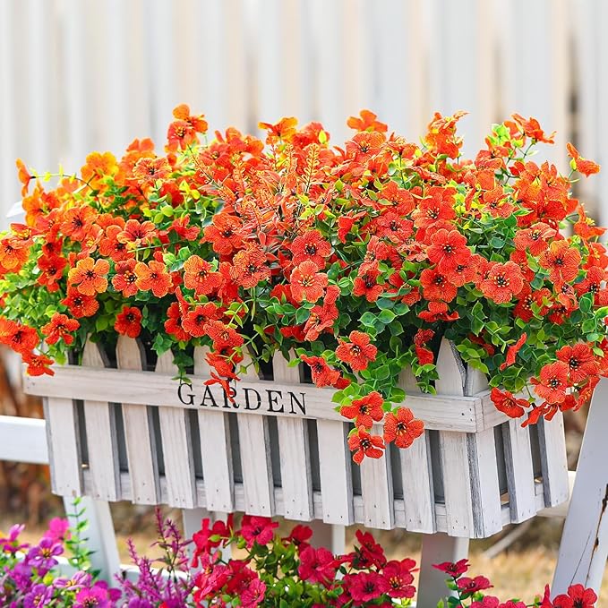 SHareconn 24 Bundles Artificial Flowers for Outdoors Decoration, Faux Plants Fake Silk Colorful Daisy Eucalyptus Lavender, UV Resistant for Outside Home Porch Patio Indoor Spring Decor, Orange