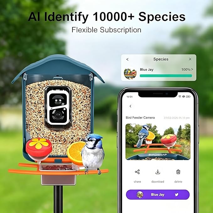 birdsnap® PAV-Bird Feeder with Camera,2K HD with 32GB Card, AI Identify Smart Bird House Cam Solar Panel,Live Stream,Motion Detection,Auto Record Video for Backyard Outdoors,Ideal Gift for Bird Lover