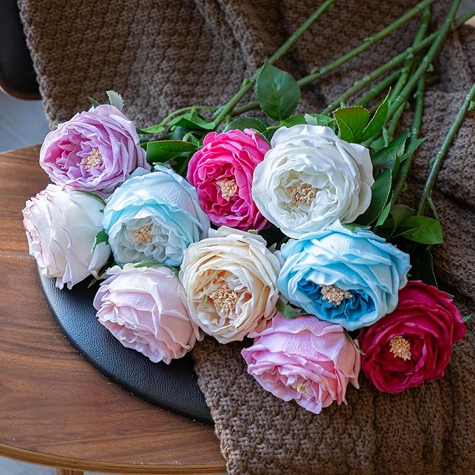 DUYONE Fake Flowers for Decoration Home Decor Artificial Flowers Austin Rose Peony Latex Fake Flower Living Room Decoration Vivid Pink Roses Peonies (Deep Blue 4pcs)
