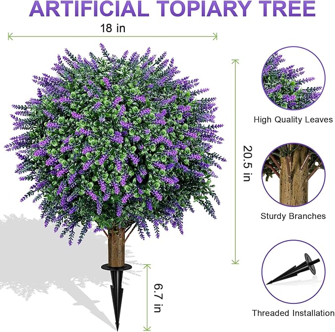 TNELTUEB Artificial Lavender Boxwood Topiary Ball 27" Tree, Set of 2 UV Resistant Faux Silk Shrubs with Ground Spikes, Large Fake Boxwood Plants for Outdoor, Garden, Porch, Patio Decor and Reception