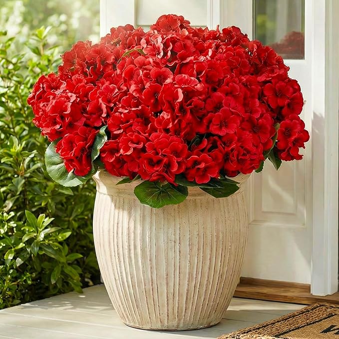 CEWOR 12 Bundles Artificial Geranium Flowers for Outdoor Indoor, Fake Silk Geranium Red Flowers, Faux Flower for Valentine's Day Decor Garden Front Door Porch Planter Patio Home Decor