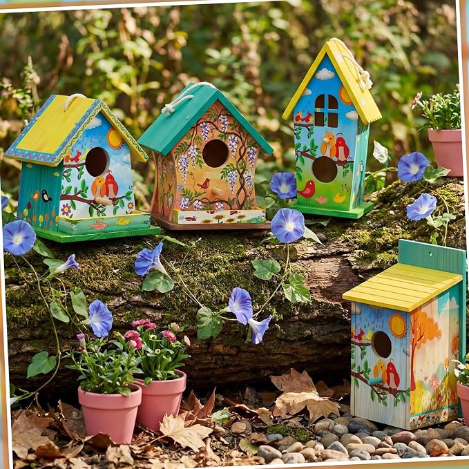 Liliful 4 Pack Birdhouse Crafts for Kids, Wooden Creative DIY Bird House Kits Arts and Crafts Set for Kids and Adults, Spring Birthday Gifts for Toddlers Ages (Holiday Style)