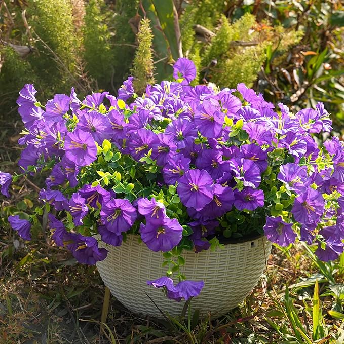 Fanfantoey Artificial Flowers for Outdoor, UV Resistant Fake Plants Outside Decoration, 14 Pcs Realistic Silk Morning Glory Faux Flowers for Porch Patio Gardens Home Decor(Purple)