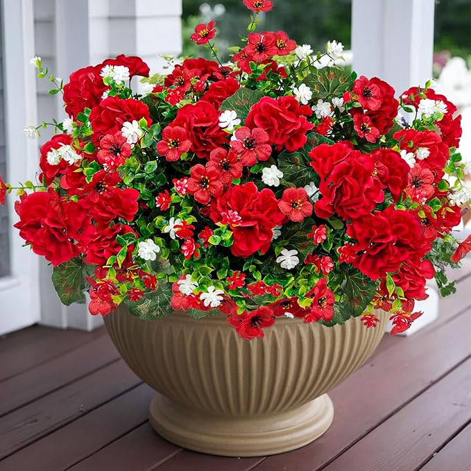 8 Bundles Artificial Geranium Flowers for Outdoors, Realistic Silk Geraniums Fake Flowers UV Resistant Faux Plants for Porch Front Door Planter Patio Balcony Outside Decor (Mixcolor)