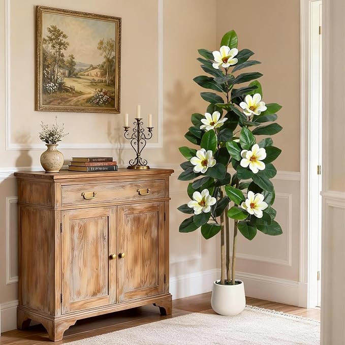 GarveeHome Faux Rubber Tree, 60 Inch Artificial Plants Indoor with Real Touch Leaves and Multi Trunks, Artificial Tree Fake Potted Plants with White Flowers for Home Decor Office Living Room
