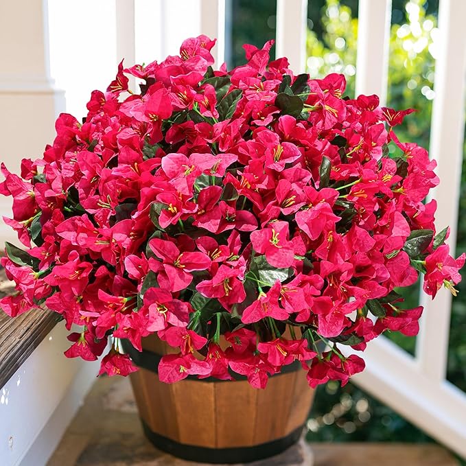 Fake Bougainvillea Artificial Flowers for Outdoors Spring Decor, 4 Bundles Outdoor Bougainvillea Silk Flowers for Outside Faux Plants UV Resistant Realistic for Planter Patio Porch Garden, Hotpink