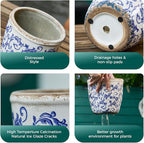 Vintage Ceramic Planter with Drainage Hole, Plastic Tray & Mesh, 6.5 Inch - Indoor/Outdoor Flower Pot, Blue Floral Rustic Farmhouse Design Plant pot for Home, Office & Garden Décor, Ideal Gift