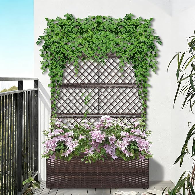 52’’ H Garden Planter Box with Trellis Outdoor for Vine Climbing Plants, Flowers Handwoven Rattan Garden Bed with Removable Liners for Backyard Patio Balcony