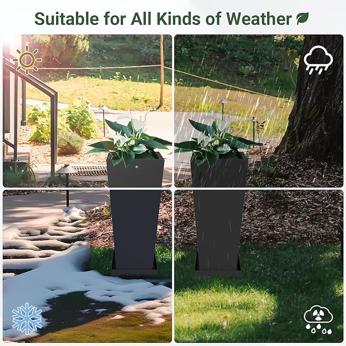 Metal Tall Planters 24 inch Set of 2, Durable Taper Planter with Drainage Holes & Rust-Proof Coating & Trays for Outdoor Indoor Garden Patio Front Door