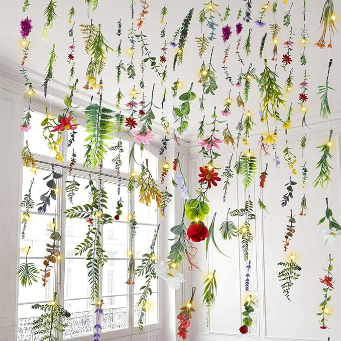 Suncalla 6 Pcs 35.4ft Hanging Flowers Garlands Backdrop Lighted Floating Fake Wildflower Vines LED Floral Garland Ceiling for Spring Wedding Bridal Shower Birthday Graduation Party(Fresh,Multicolor)