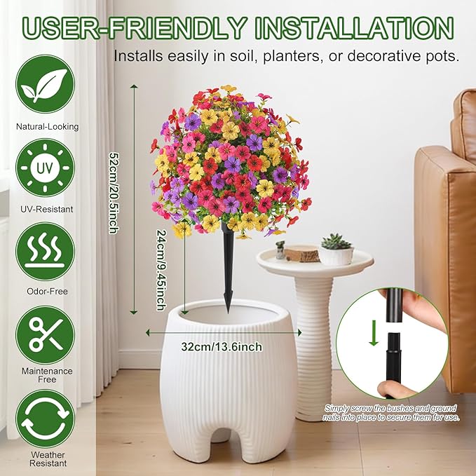 Alupssuc 4Pcs 20" Artificial Topiary Ball Flowers, Spring Outdoor Decoration with Spike, UV Resistant Faux Summer Plants, Fake Bushes Plants, Red Rose, Purple & Yellow for Garden, Porch & Patio Decor