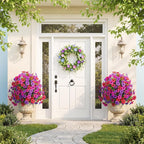 Alupssuc 2Pcs 20" Artificial Topiary Ball Flowers for Outdoors, Spring Decoration with Spike, UV Resistant Faux Summer Plants, Fake Bushes Indoor Decor, Red Rose Purple for Garden, Porch & Patio, Home