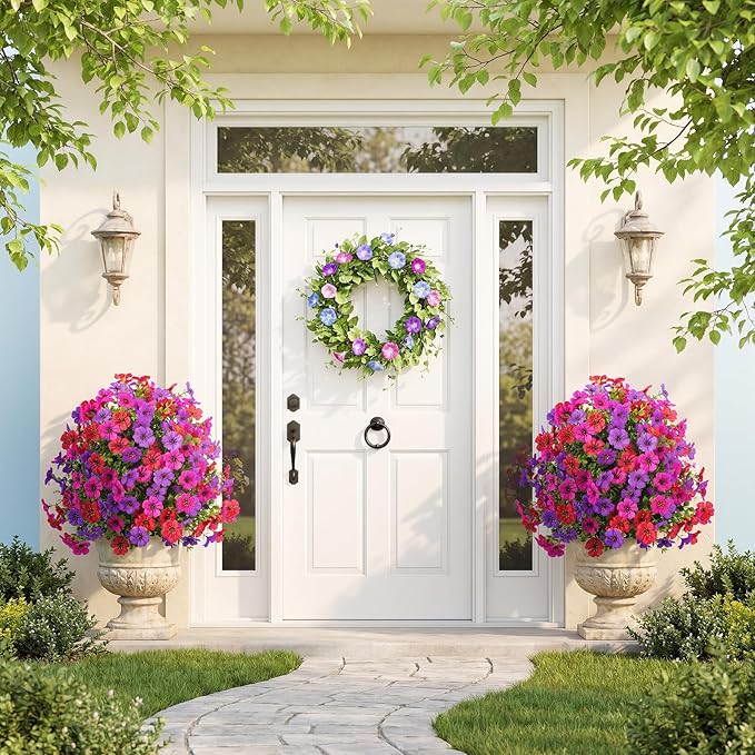 Alupssuc 2Pcs 20" Artificial Topiary Ball Flowers for Outdoors, Spring Decoration with Spike, UV Resistant Faux Summer Plants, Fake Bushes Indoor Decor, Red Rose Purple for Garden, Porch & Patio, Home