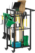 Garden Tool Organizer with Wheels, Heavy Duty 3 Tier Metal Yard Tool Storage Rack Holder with Side Hooks, Freestanding Garage Organizer for Shovels, Rakes, Brooms, Indoor Outdoor Use, Black