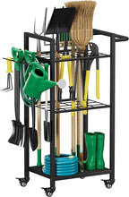 Garden Tool Organizer with Wheels, Heavy Duty 3 Tier Metal Yard Tool Storage Rack Holder with Side Hooks, Freestanding Garage Organizer for Shovels, Rakes, Brooms, Indoor Outdoor Use, Black