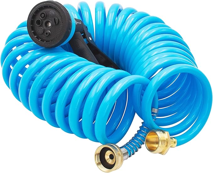 AUTOMAN EVA Recoil Garden Hose 25ft - Includes 7 Pattern Spray Nozzle,Curly Water Hose 25 Foot,Watering Hose Coil,Retractable,Corrosion Resistant Garden Coil Hose.Blue