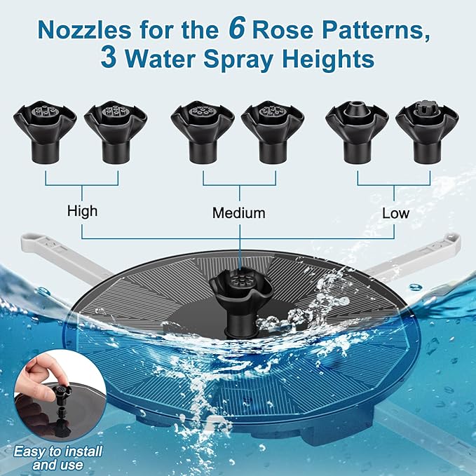 Solar Fountain Pump with 3 Spray Height Adjustment, Upgraded PET Solar Bird Bath Fountains with 6 Nozzles, Solar Water Fountain Pump for Outdoor, Bird Bath, Garden, Pool, Pond