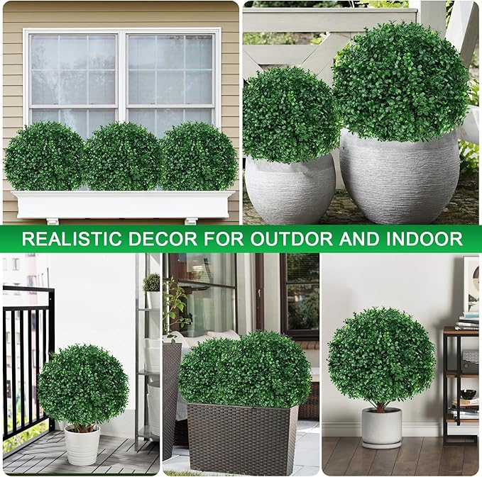2Pack Artificial Boxwood Topiary Ball Trees, 16'' UV Resistant Fake Evergreen Shrubs Bushes Plants with Ground Spike, Fake Plants for Outdoor Indoor Front Porch Garden