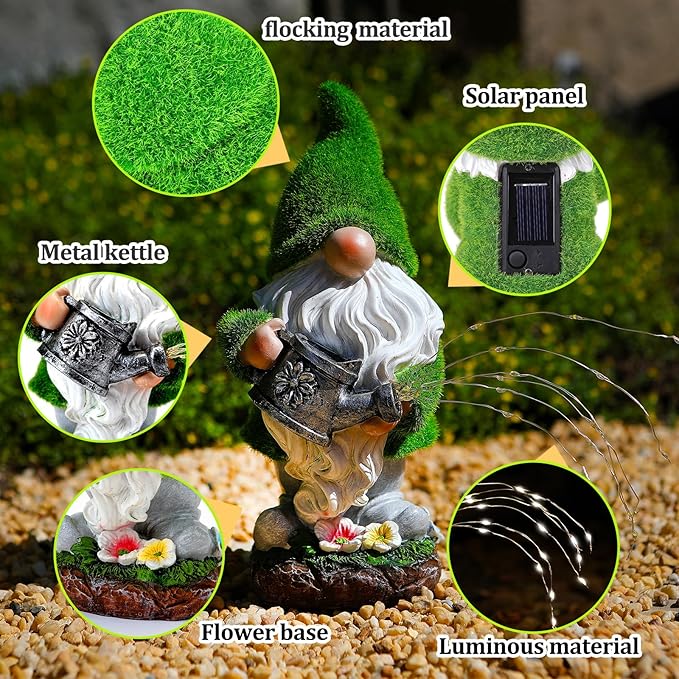 VChymm Flocked Solar Garden Gnomes Outdoor Statues-11.8‘’Outdoor Garden Decor-LED Outdoor Decor Light-Unique Housewarming Gifts Yard Art Sculptures for Patio Lawn Ornaments
