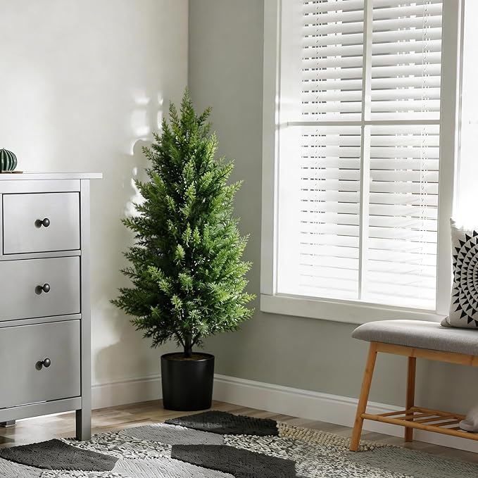 Joyooss Artificial Topiary Cedar Tree,3FT Faux Outdoor Plants Front Porch Decor 2 Set Evergreen Shrubs Fake Plant Artificial Bushes Cypress Trees with Flowerpot for Home Living Room Front Door Decor