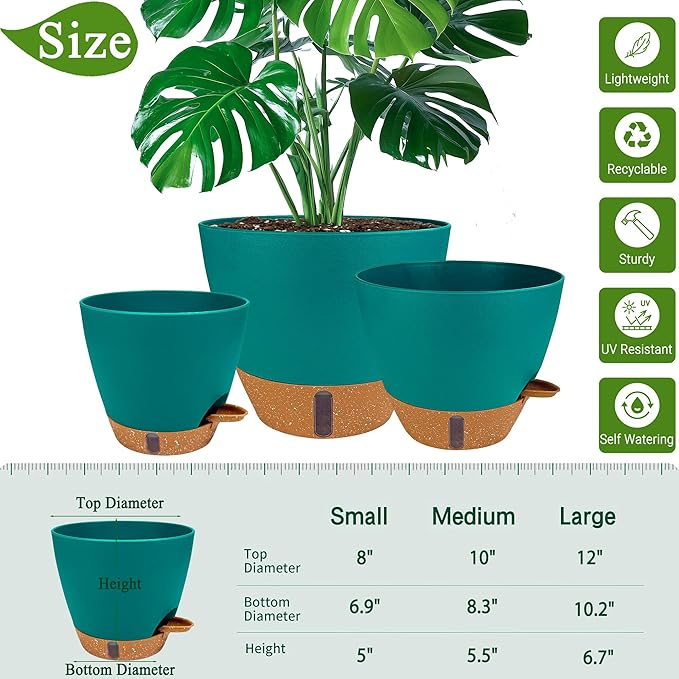 8/10/12 Inch Self Watering Pots for Indoor/Outdoor Plants - Large Plastic Planter with Drainage Holes, Water Level Indicator & Deep Reservoir, Modern Decorative Flower Pots (Turquoise)