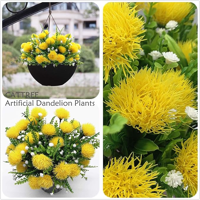 CATTREE Artificial Dandelion Plants, Plastic Flowers Shrubs Bushes Fake Grass Wedding Indoor Outdoor Home Garden Verandah Centerpieces Arrangements Party Decoration Planting Filler - Yellow 4 Pack