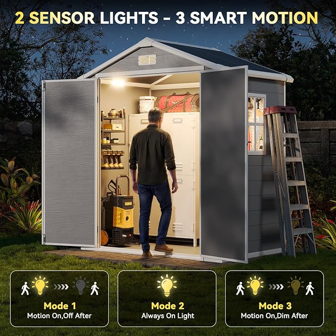 Aoxun 6x4 FT Outdoor Storage Shed with Built-in Magnetic Suction Light, Plastic Garden Resin Shed with Floor, Outdoor Storage with Lockable Door for Bike, Tools, Garbage Can, Grey