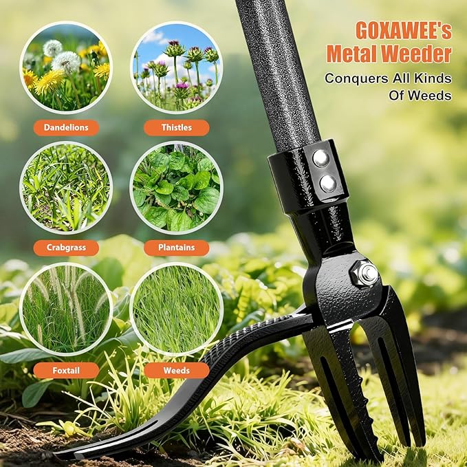 GOXAWEE Metal Stand Up Weed Puller Tool - 45" Garden Weeding Tool with Steel Long Handle & 4-Claw Steel Head - Effortlessly Remove Weeds Without Bending/Kneeling - All Steel Construction