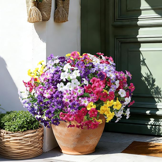Artificial Flowers for Outdoors Decoration, 20 Bundles Faux Morning Glory with Eucalyptus Look Real UV Resistant Fake Plants Silk Flowers for Outside Yard Gardens Porch Patio Planter Home Urn, Mix