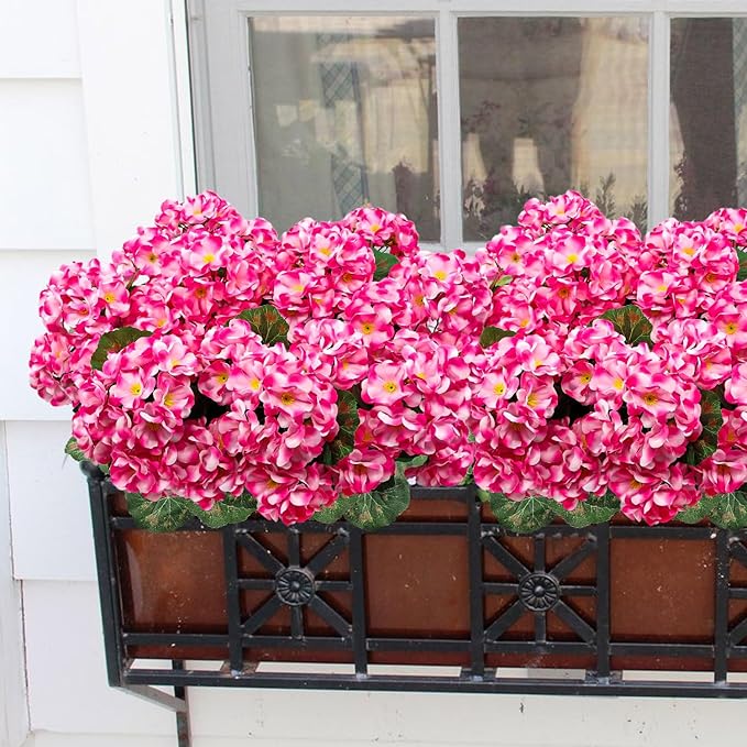 6 Bundles Artificial Geranium Flowers for Outdoors, Realistic Silk Geraniums Fake Flowers UV Resistant Faux Plants for Porch Front Door Planter Patio Balcony Outside Decor (Pink)