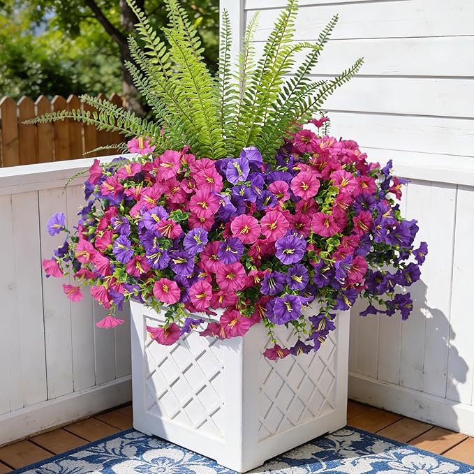 Hrobek Artificial Flowers for Outdoors Faux Plants Outside Indoor,UV Resistant Silk Fake Morning Glory Tall Ferns for Home Patio Garden Back Yard Front Porch Decor(13 Bunches,Dk. & Lt. Purple)