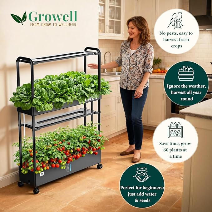 Growell 60-Pod Hydroponics Growing System, Large Vertical Hydroponic Garden with Smart Full-Spectrum Grow Lights, Auto Circulating Water, Mobile Indoor Gardening System for Herbs, Vegetables & Fruits