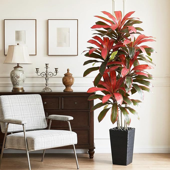 Artificial Dracaena Tree：6FT Faux Silk Tropical Yucca Floor Trees Realistic Fake Green Plant with Natural Wood Trunk & Lifelike Leaves for Home Office Decor Indoor & Outdoor (6FT,1-Pack,Black)