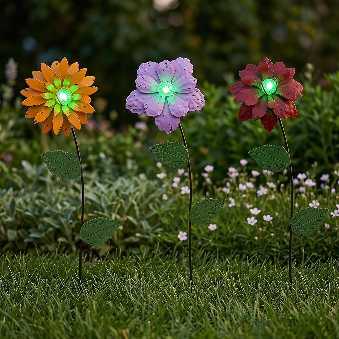 Topadorn 3 Pack Glow in the Dark Flower Garden Stakes, Metal Outdoor Yard Decor with Shaking Heads, Weatherproof Garden Pathway Ornaments