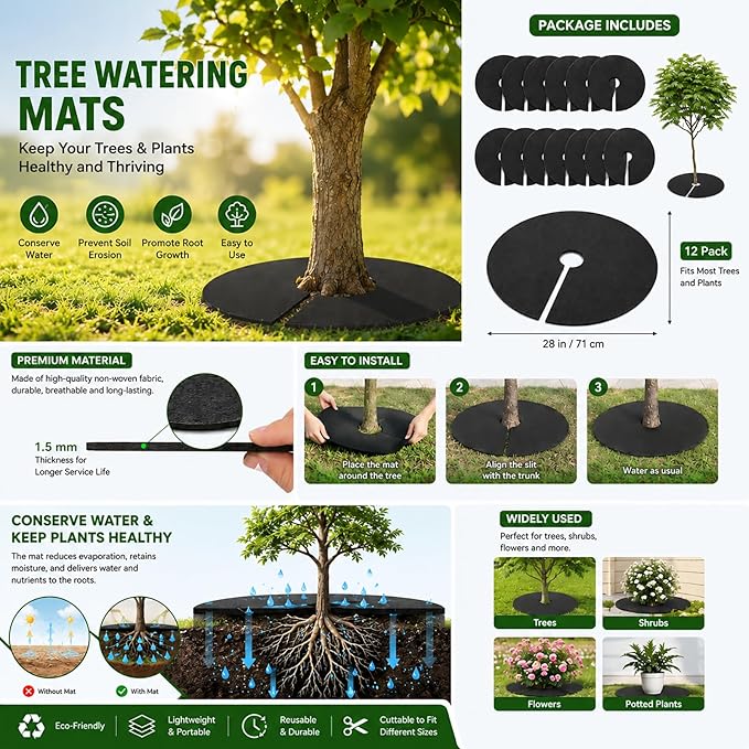 12 Pack 28 Inch Tree Mulch Rings, Non-Woven Weed Barrier Protector Circles, Round Plant Root Mat for Moisture Retention & Easy Installation