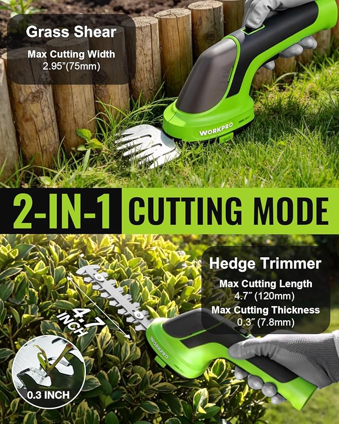 WORKPRO 3.6V Hedge Trimmer Cordless, 2-in-1 Electric Hedge Trimmer & Grass Cutter with 4.0Ah Removable Battery & Type-C Cable, Lightweight Bush Trimmer for Lawn & Garden
