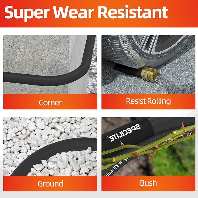 SPECILITE Garden Water Hose 50 ft x 5/8 in Heavy Duty, Flexible and Lightweight, Burst 600 psi, Kink-less Hybrid Rubber Pipe for Backyard, 3/4'' Brass Fittings, Black
