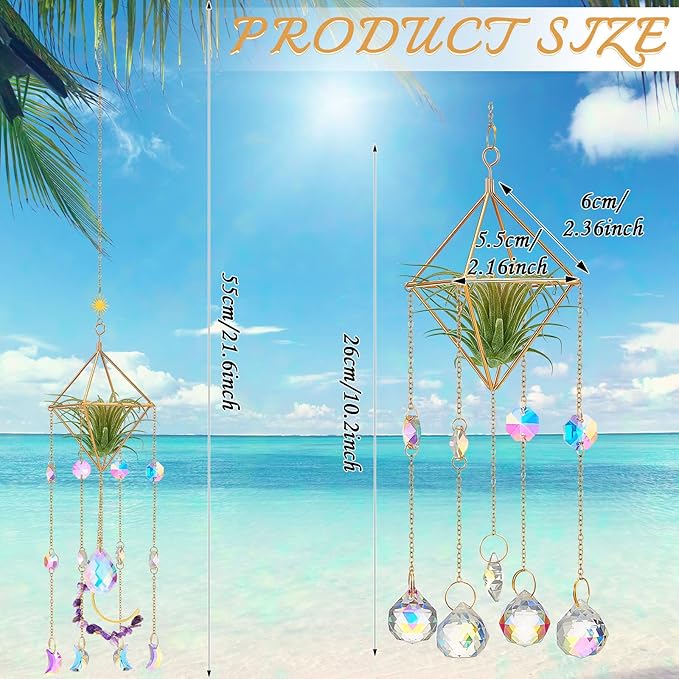 Yookeer 3 Pcs Hanging Air Plant Holder Rustic Style Air Plant Rack Hanger with Crystal Pendant and Chain Golden Geometric Metal Wall Window Display for Home Festival Wedding Decor, 3 Styles