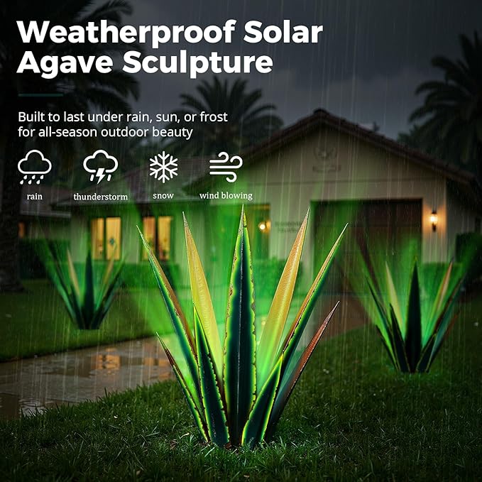 24” Large Solar Metal Agave Plants Outdoor Decor, Tequila Rustic Sculpture Outdoor Statues, Garden Sculpture for Patio Path Courtyard and Lawn