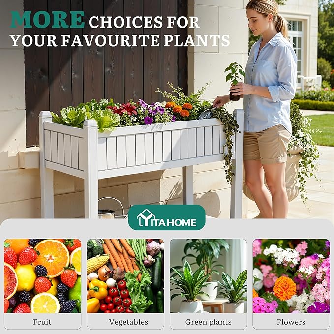 YITAHOME 42.5x17.3x35.4 in Raised Garden Bed, Outdoor Plastic Planter Box with Wheels, Legs, Drain Plug, and Storage Shelf for Plants, Vegetables, Flowers, Herbs, White