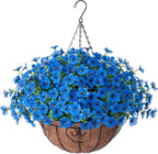 HyeFlora Artificial Fake Hanging Plants Flowers with Basket Outdoor Decor Faux Silk Daisy Flower Arrangements in Pot Planter for Porch Home Indoor Patio Garden Yard Decoration, Blue