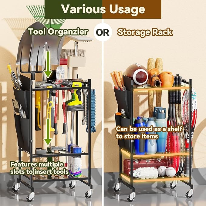 Garden Tool Organizer with Wheels, Rolling Yard Tool Tower Rack Carts for Garage Organization with Large Tool Bags with Pockets, Up to 25 Long-Handled Tools/Rakes/Brooms for Shed, Outdoor, Black