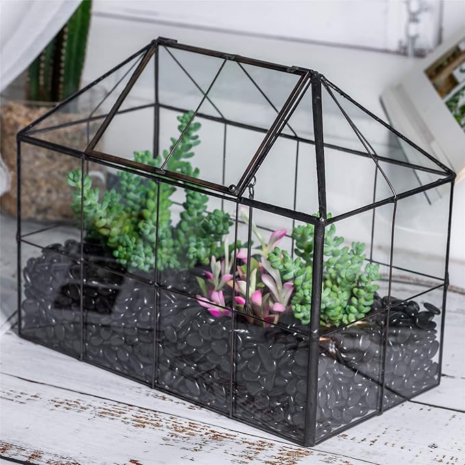 NCYP Glass Terrarium Planter with Lid for Small Succulent Plants, Grid House Shape Black Geometric Terrarium Pot, Home Garden Indoor Tabletop Decor, 9.84" x 5.31" x 7.87" (No Plants)