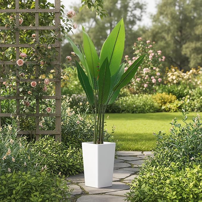 4.7FT Artificial Bird of Paradise Plant, Faux Banana Tree in White Tall Planter, Decorative Evergreen Tropical Floor Plant for Living Room, Entryway, Porch, Office