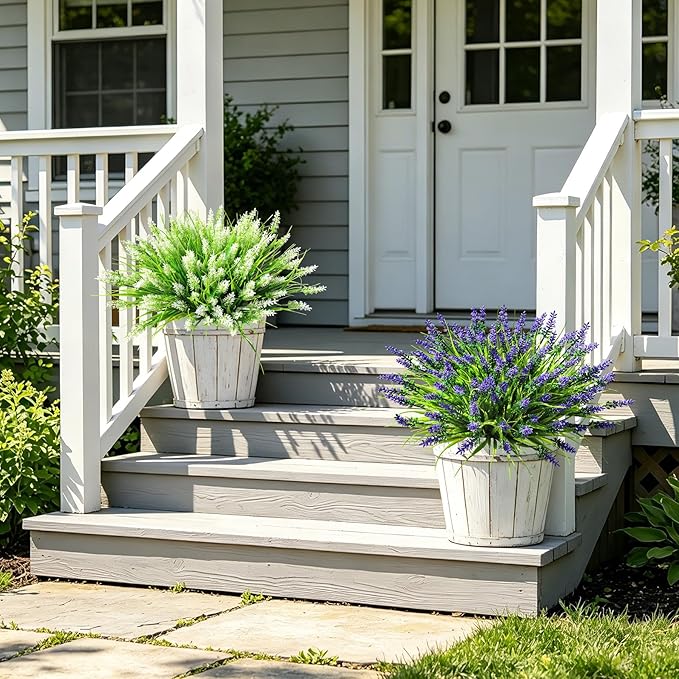 AmyHomie Fake Plants Artificial Flowers for Outdoors – 16 Bundles White Fake Lavender Plants & Monkey Grass, UV Resistant Faux Greenery for Patio, Porch, Planter, Garden and Window Decor
