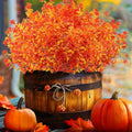 Artificial Fall Flowers for Outdoors, 10 Bundles Faux Flower UV Resistant Fall Fake Mums Plants for Outside Halloween Christmas Porch Decoration Fall Decor(Orange(Eucalyptus))