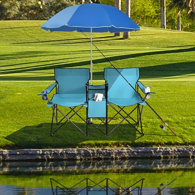 Goplus Double Camping Chair with Umbrella, Folding Loveseat Chairs w/Canopy Shade, Carrying Bag, Table, Cup Holder, Portable Beach Chairs Outdoor Picnic Patio (Turquoise)