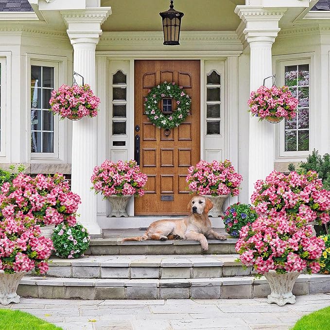 Artificial Geranium Flowers for Outdoor Decoration, 6 Bundles UV Resistant Silk Geranium Fake Plants Faux Flowers for Front Porch Garden Patio Window Box Outside Indoor Decor (Pink)